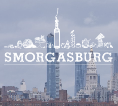 Smorgasburg in text over the NYC skyline