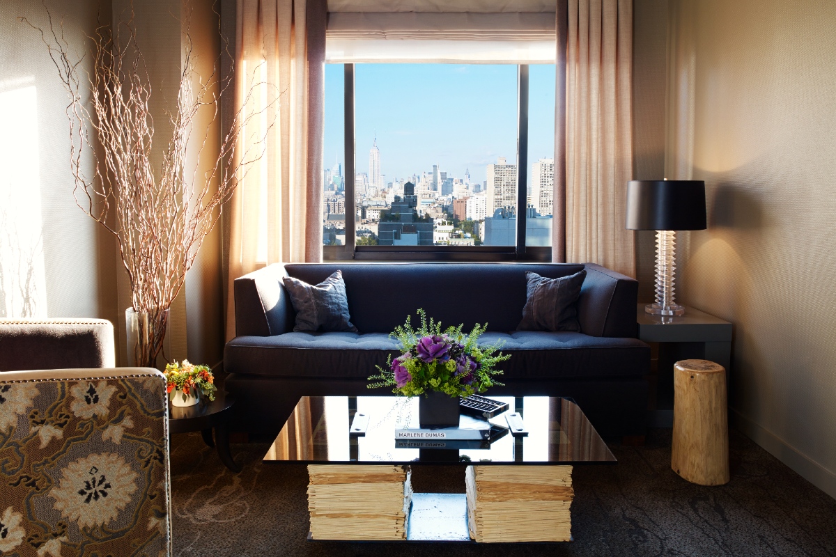 Suite Living Room with Empire State View at Soho Grand Hotel.